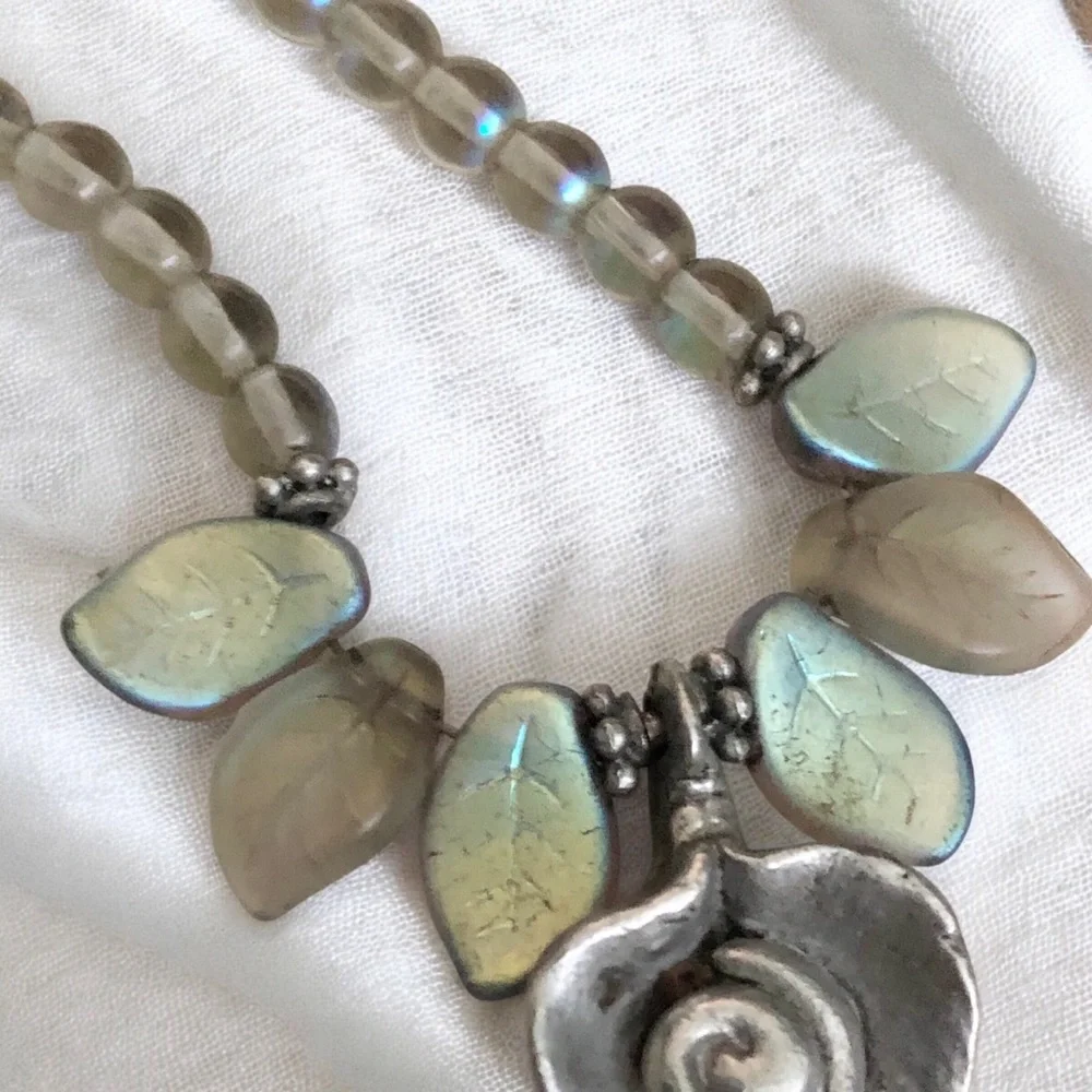 Czech-Style Glass Leaf Pewter Center Fire-Polished Beaded Necklace